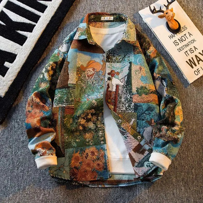 American Vintage Retro Fashion Oil Painting Shirt Men's Korean Version 2025 New High-end Long-sleeved Shirt Casual Jacket Urban