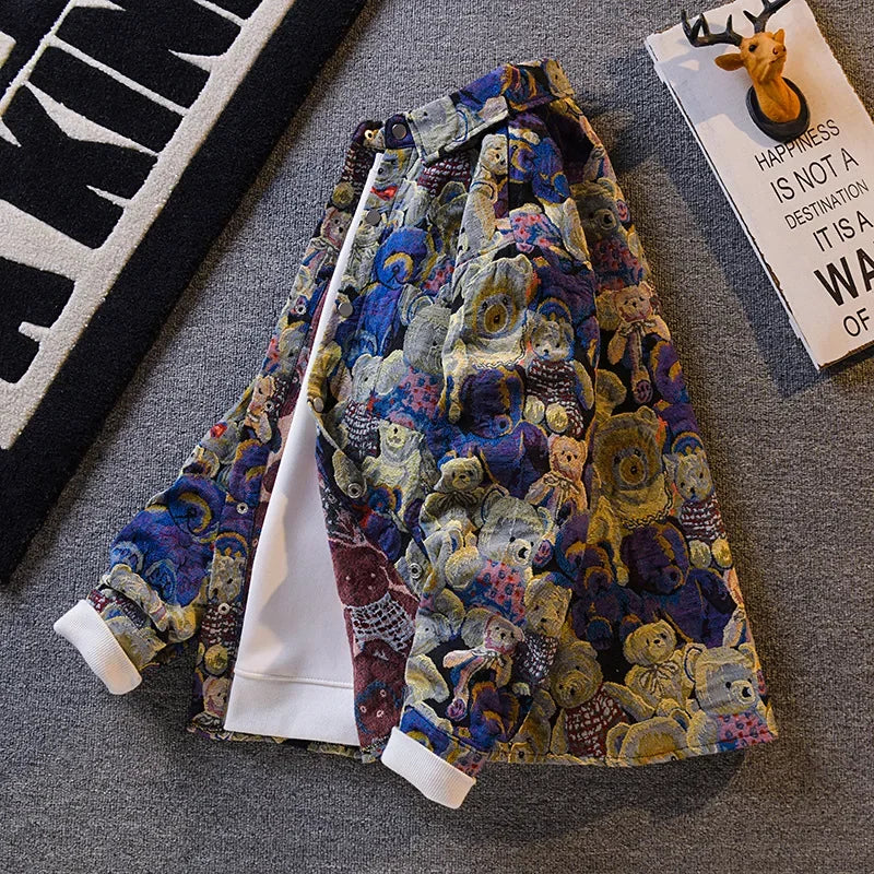 Retro American Bear Embroidery Jacket Loose Casual Collar Men's Fashion Brand Handsome Summer Thin Outerwear Top